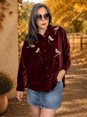 Vintage Quacker Factory Burgundy Velour Dragonfly Embroidered Blouse L